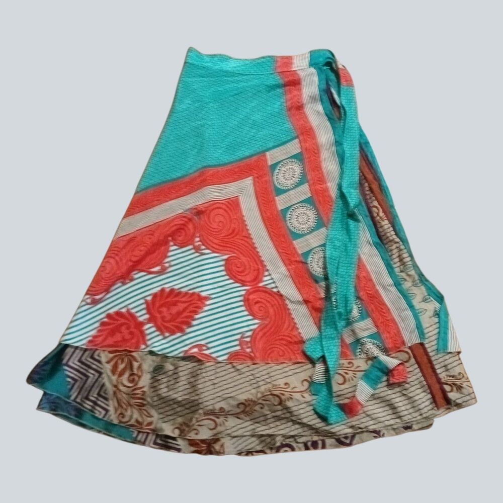 Darn Good Yarn Recycled Sari Silk Wrap Skirt Womens 14-20 Adjustable Boho Ankle